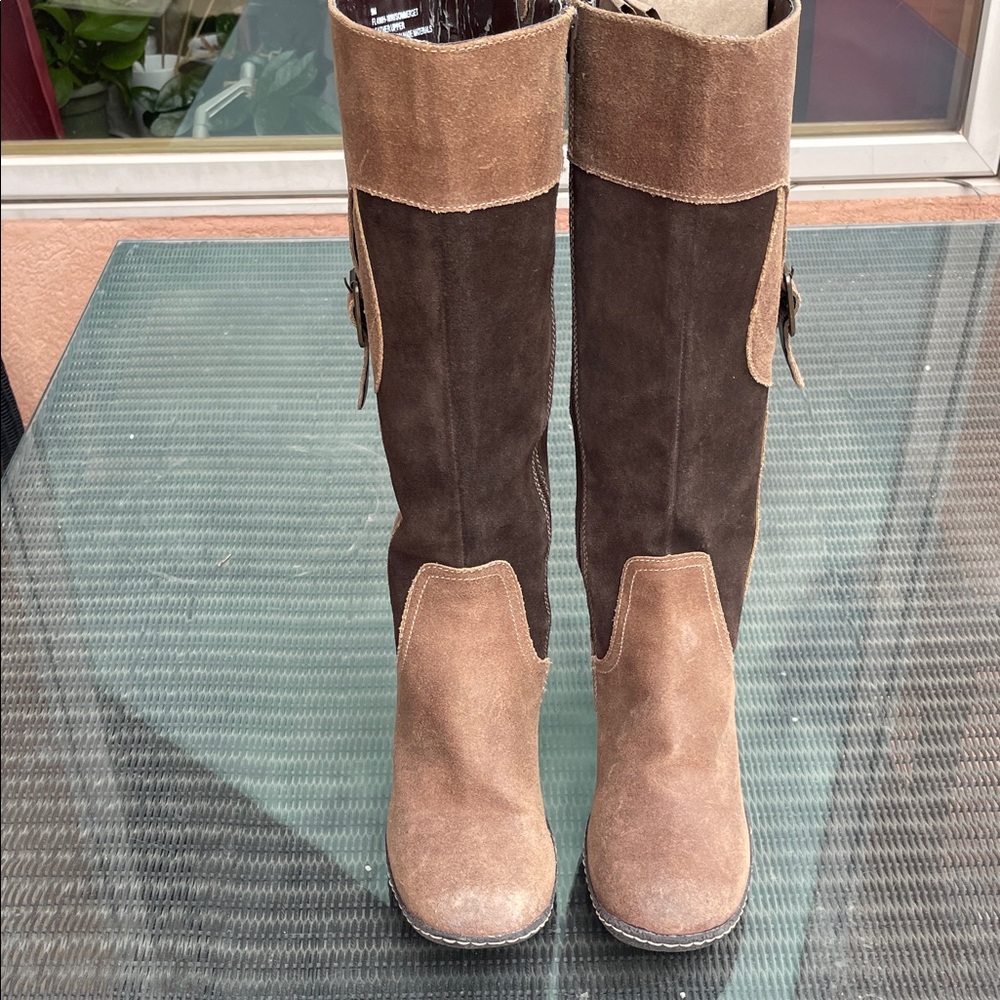 Ruff Hewn Two-Tone Brown Suede Under- the-Knee Boots Sz is 9M- As is-.